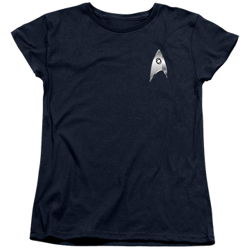 Navy women's t-shirt with Star Trek Discovery Sciences Badge graphic