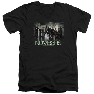 Black men's v-neck t-shirt with Numbers Cast graphic
