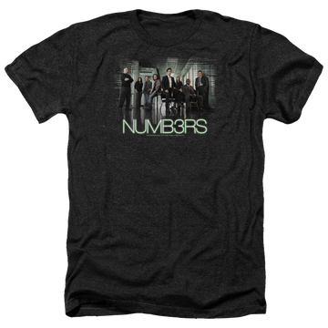 Charcoal men's heather t-shirt with Numbers Cast graphic