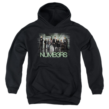 Black youth hoodie for ages 8 to 12 with Numbers Cast graphic