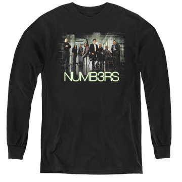 Black youth long sleeve t-shirt with Numbers Cast graphic