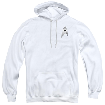 White pullover hoodie with Star Trek Discovery Medical Badge graphic