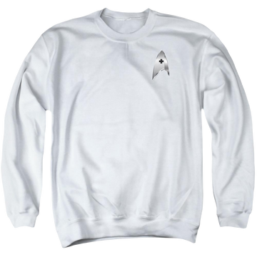 White men's crewneck sweatshirt with Star Trek Discovery Medical Badge graphic