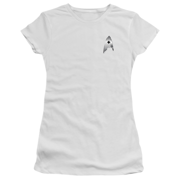 White juniors t-shirt with Star Trek Discovery Medical Badge graphic