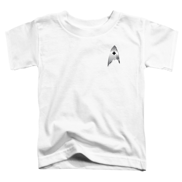 White toddler t-shirt with Star Trek Discovery Medical Badge graphic