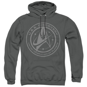 Charcoal pullover hoodie with Star Trek Discovery Crest graphic