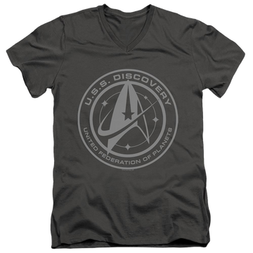Charcoal men's v-neck t-shirt with Star Trek Discovery Crest graphic