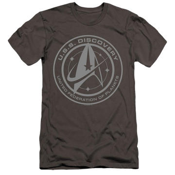 Charcoal men's premium slim fit t-shirt with Star Trek Discovery Crest graphic