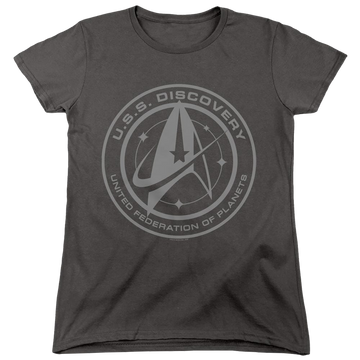 Charcoal women's t-shirt with Star Trek Discovery Crest graphic