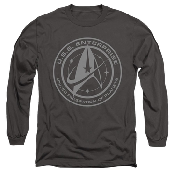 Charcoal men's long sleeve t-shirt with Star Trek Discovery Enterprise Crest graphic