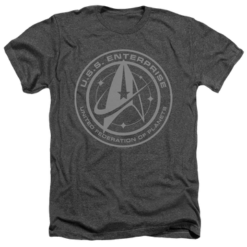 Charcoal men's heather t-shirt with Star Trek Discovery Enterprise Crest graphic