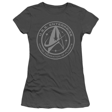 Charcoal juniors t-shirt with Star Trek Discovery Enterprise Crest graphic