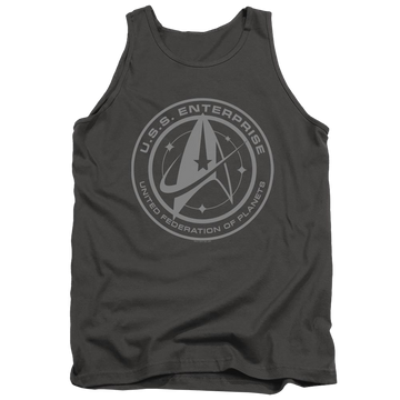 Charcoal men's tank with Star Trek Discovery Enterprise Crest graphic
