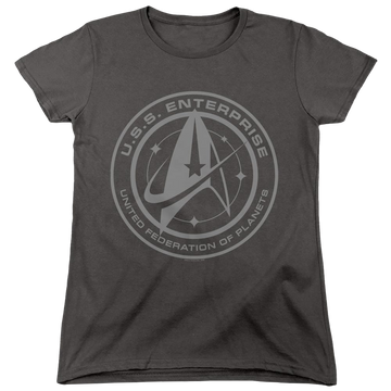 Charcoal women's t-shirt with Star Trek Discovery Enterprise Crest graphic