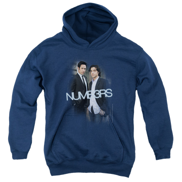 Navy youth hoodie for ages 8 to 12 with Numbers Don & Charlie graphic