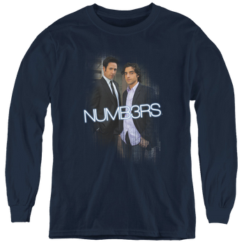 Navy youth long sleeve t-shirt with Numbers Don & Charlie graphic