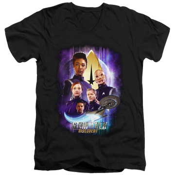 Black men's v-neck t-shirt with Star Trek Discovery Discoverys Finest graphic