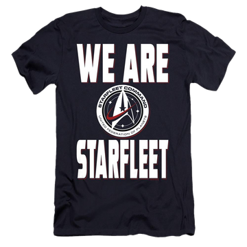 Navy men's premium slim fit t-shirt with Star Trek Discovery We Are Starfleet graphic