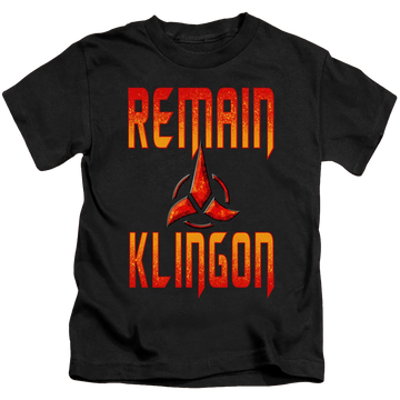 Black kid's t-shirt for ages 4 to 7 with Star Trek Discovery Remain Klingon graphic