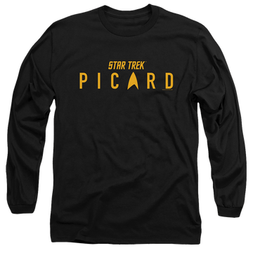 Black men's long sleeve t-shirt with Star Trek Picard Logo graphic