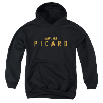 Black youth hoodie for ages 8 to 12 with Star Trek Picard Logo graphic