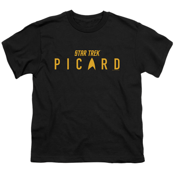 Black youth t-shirt for ages 8 to 12 with Star Trek Picard Logo graphic