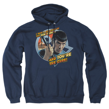 Navy pullover hoodie with Star Trek Pon Far graphic