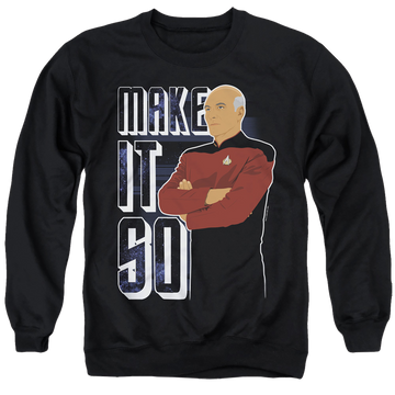 Black men's crewneck sweatshirt with Star Trek The Next Generation Make It So graphic