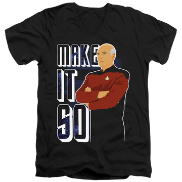 Black men's v-neck t-shirt with Star Trek The Next Generation Make It So graphic