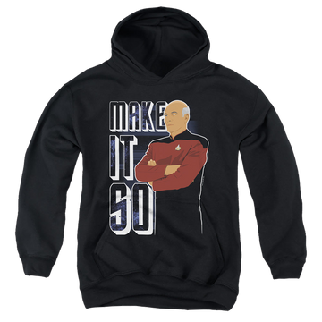 Black youth hoodie for ages 8 to 12 with Star Trek The Next Generation Make It So graphic