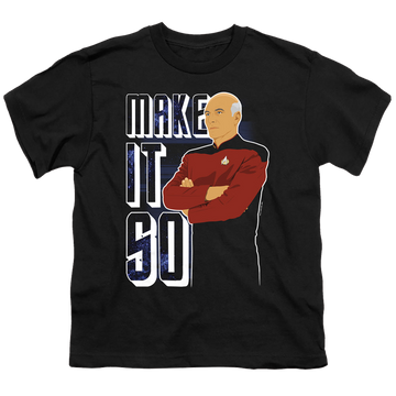 Black youth t-shirt for ages 8 to 12 with Star Trek The Next Generation Make It So graphic