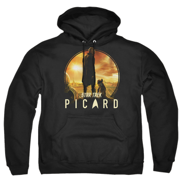 Black pullover hoodie with Star Trek Picard A Man And His Dog graphic