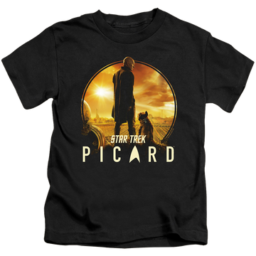 Black kid's t-shirt for ages 4 to 7 with Star Trek Picard A Man And His Dog graphic