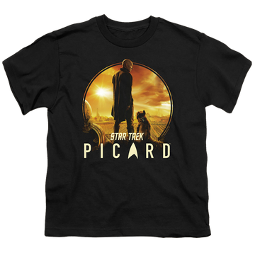 Black youth t-shirt for ages 8 to 12 with Star Trek Picard A Man And His Dog graphic
