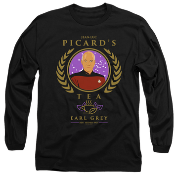 Black men's long sleeve t-shirt with Star Trek The Next Generation Tea Earl Grey Hot graphic