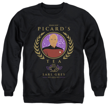 Black men's crewneck sweatshirt with Star Trek The Next Generation Tea Earl Grey Hot graphic
