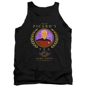 Black men's tank with Star Trek The Next Generation Tea Earl Grey Hot graphic