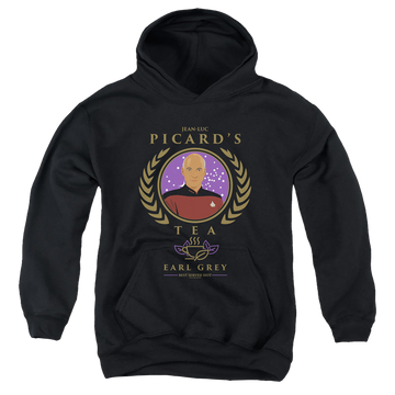 Black youth hoodie for ages 8 to 12 with Star Trek The Next Generation Tea Earl Grey Hot graphic