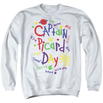 White men's crewneck sweatshirt with Star Trek The Next Generation Picard Day graphic