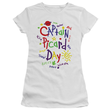 White juniors t-shirt with Star Trek The Next Generation Picard Day graphic