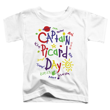 White toddler t-shirt with Star Trek The Next Generation Picard Day graphic