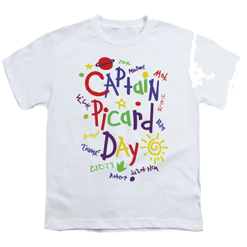 White youth t-shirt for ages 8 to 12 with Star Trek The Next Generation Picard Day graphic