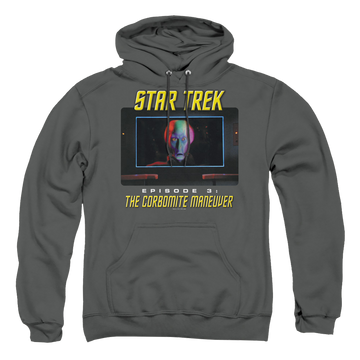 Charcoal pullover hoodie with Star Trek The Corbomite Maneuver graphic