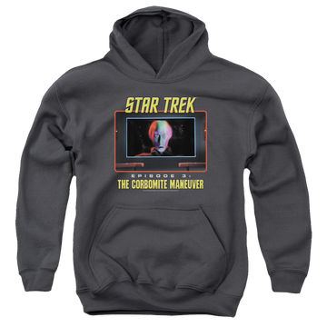 Charcoal youth hoodie for ages 8 to 12 with Star Trek The Original Series The Corbomite Maneuver graphic