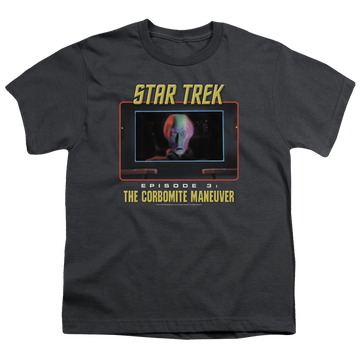 Charcoal youth t-shirt for ages 8 to 12 with Star Trek The Original Series The Corbomite Maneuver graphic