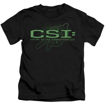Black kid's t-shirt for ages 4 to 7 with CSI Sketchy Shadow graphic