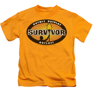 Gold kid's t-shirt for ages 4 to 7 with Survivor Gold Burst graphic