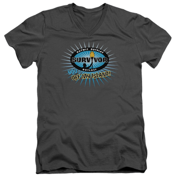 Charcoal men's v-neck t-shirt with Survivor Off My Island graphic