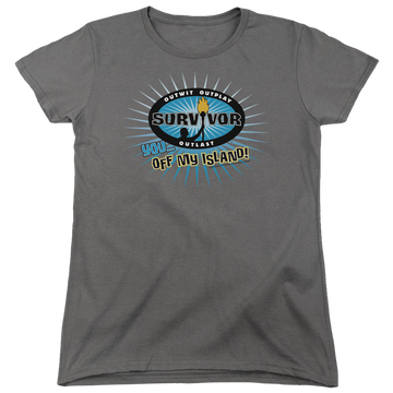 Charcoal women's t-shirt with Survivor Off My Island graphic