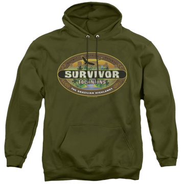 Military green pullover hoodie with Survivor Tocantins Logo graphic